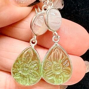 carved Tsavorite and moonstone teardrop Earrings/925